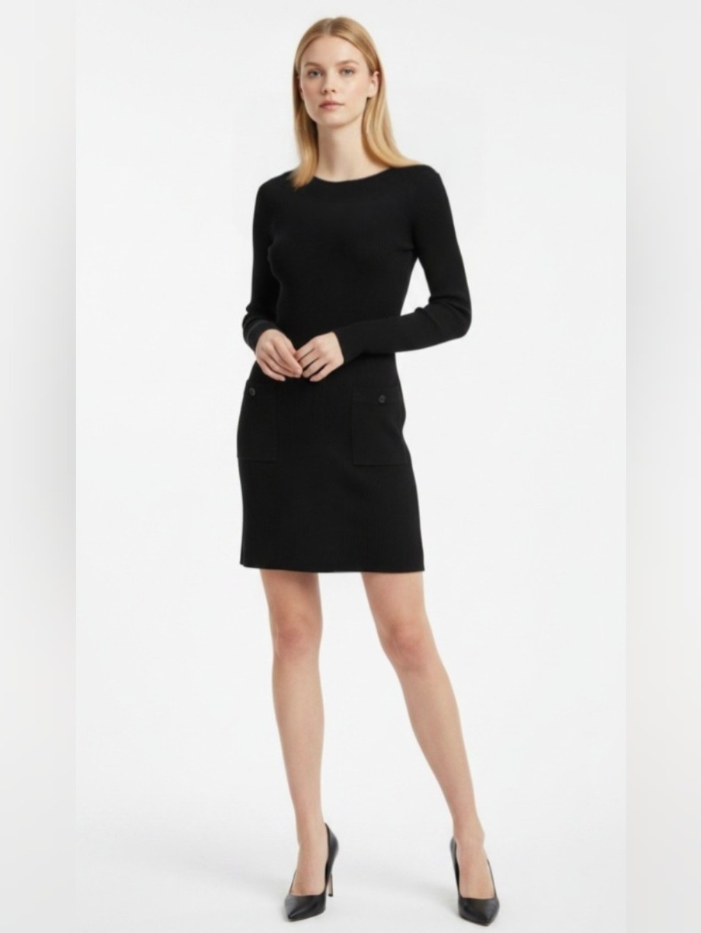 Ab Studio! Sleek Black Ribbed Knit Pocket 2 Front Sweater Dress! Sz M